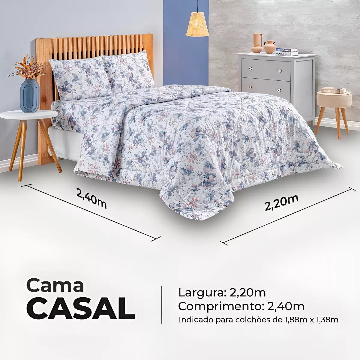 Colcha Premium 3 Peças Percal 400 Fios Toque Macio (Azul Luisa)