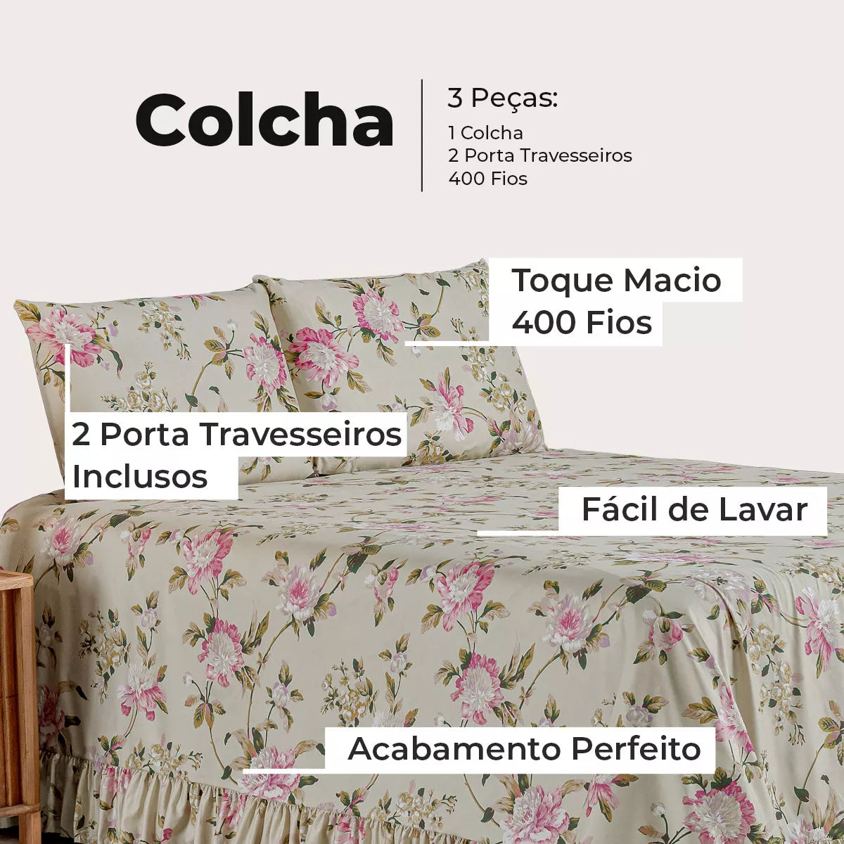 Colcha Premium 3 Peças Percal 400 Fios Toque Macio (Avelã Floral)