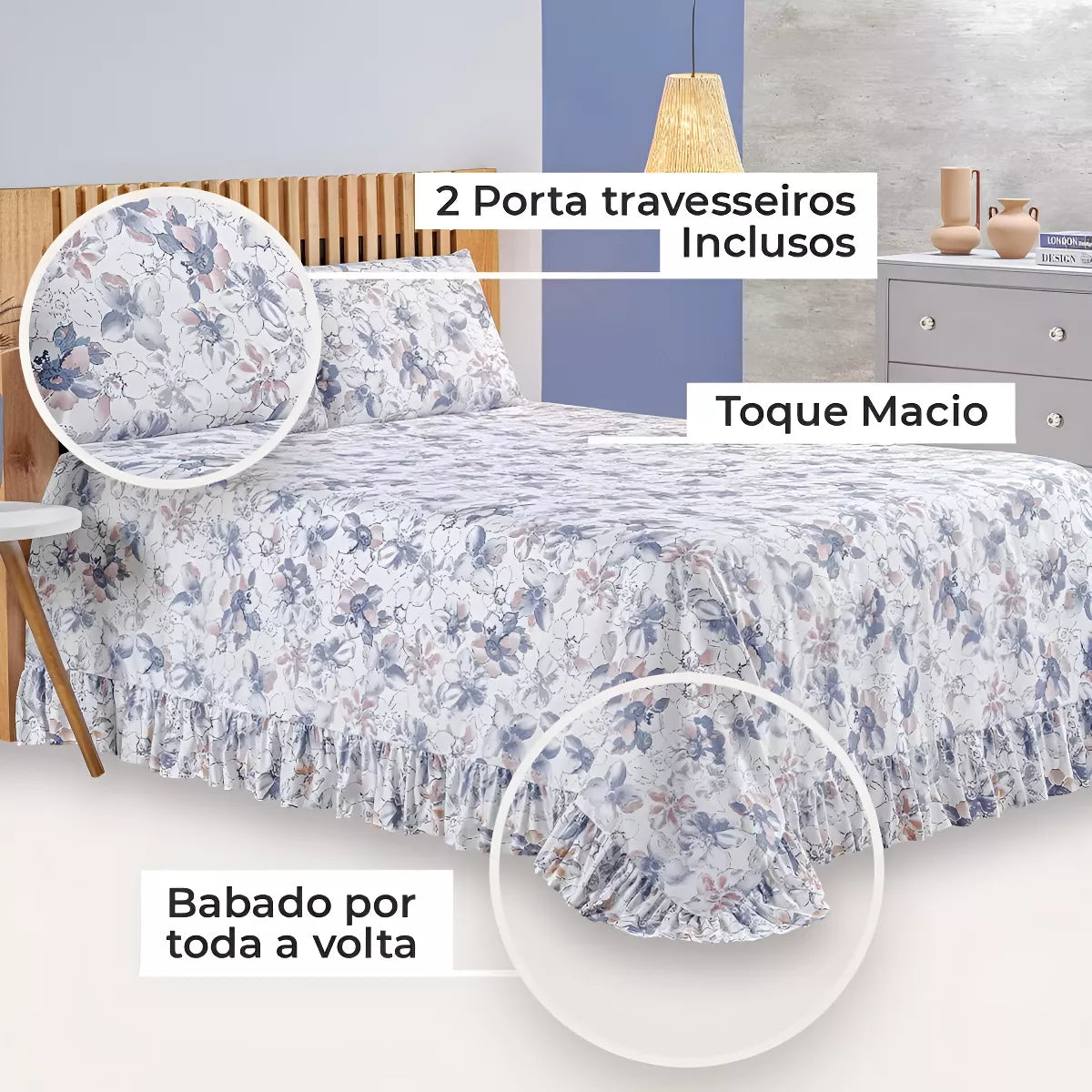 Colcha Premium 3 Peças Percal 400 Fios Toque Macio (Azul Luisa)