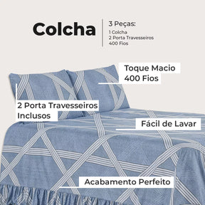 Colcha Premium 3 Peças Percal 400 Fios Toque Macio (Ocean Geométrico)