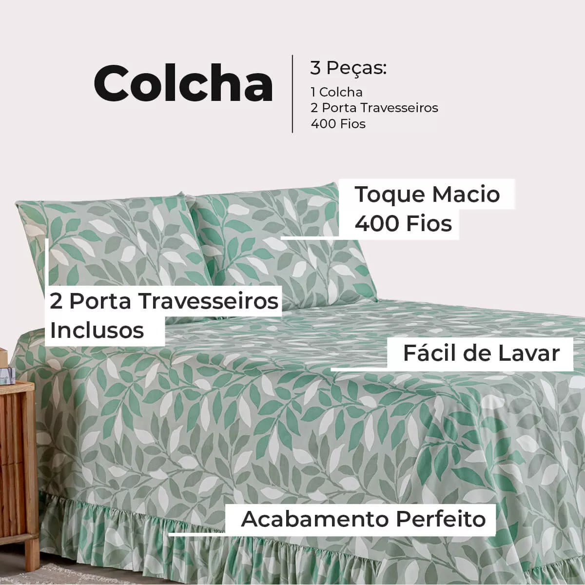 Colcha Premium 3 Peças Percal 400 Fios Toque Macio (verde Folhas)