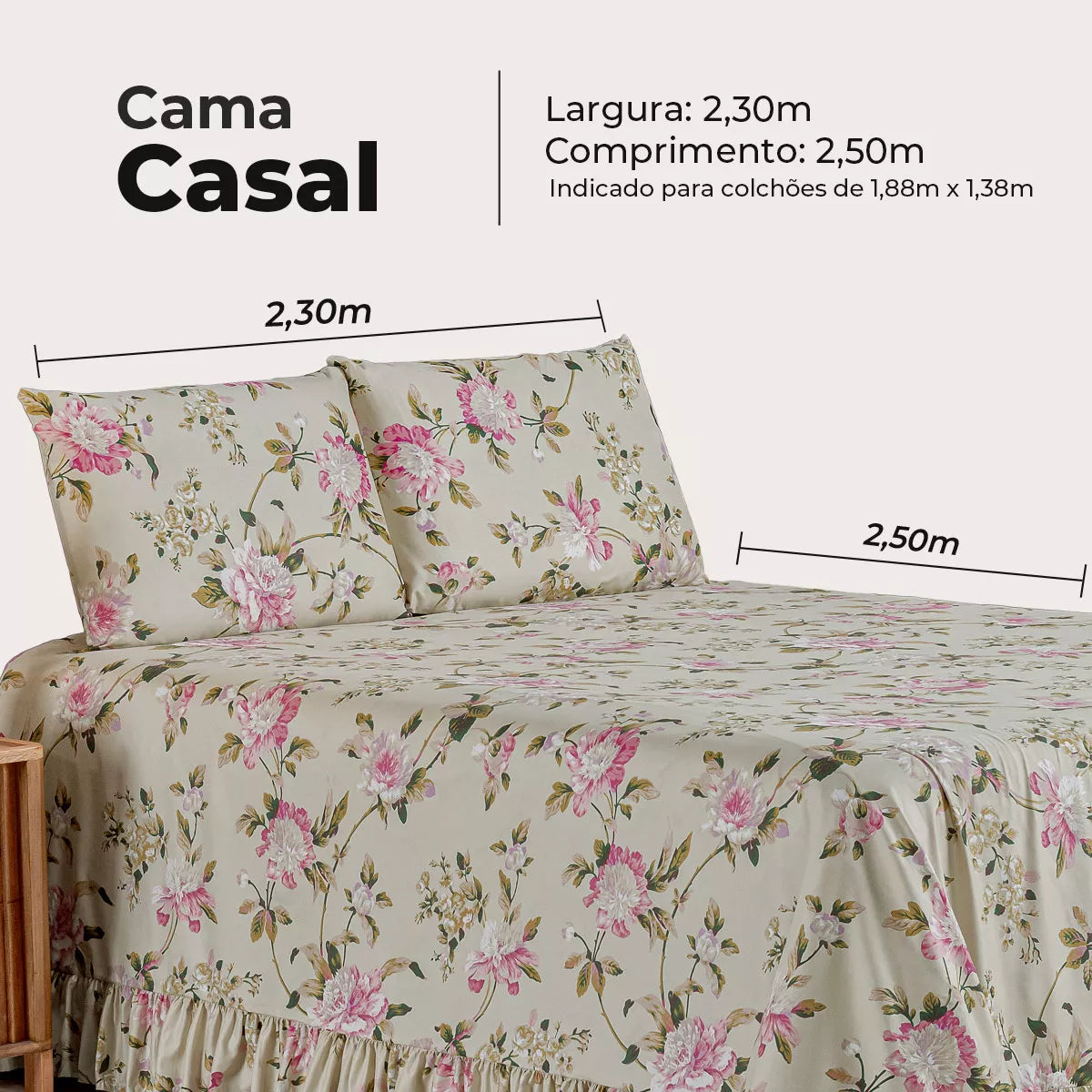 Colcha Premium 3 Peças Percal 400 Fios Toque Macio (Avelã Floral)