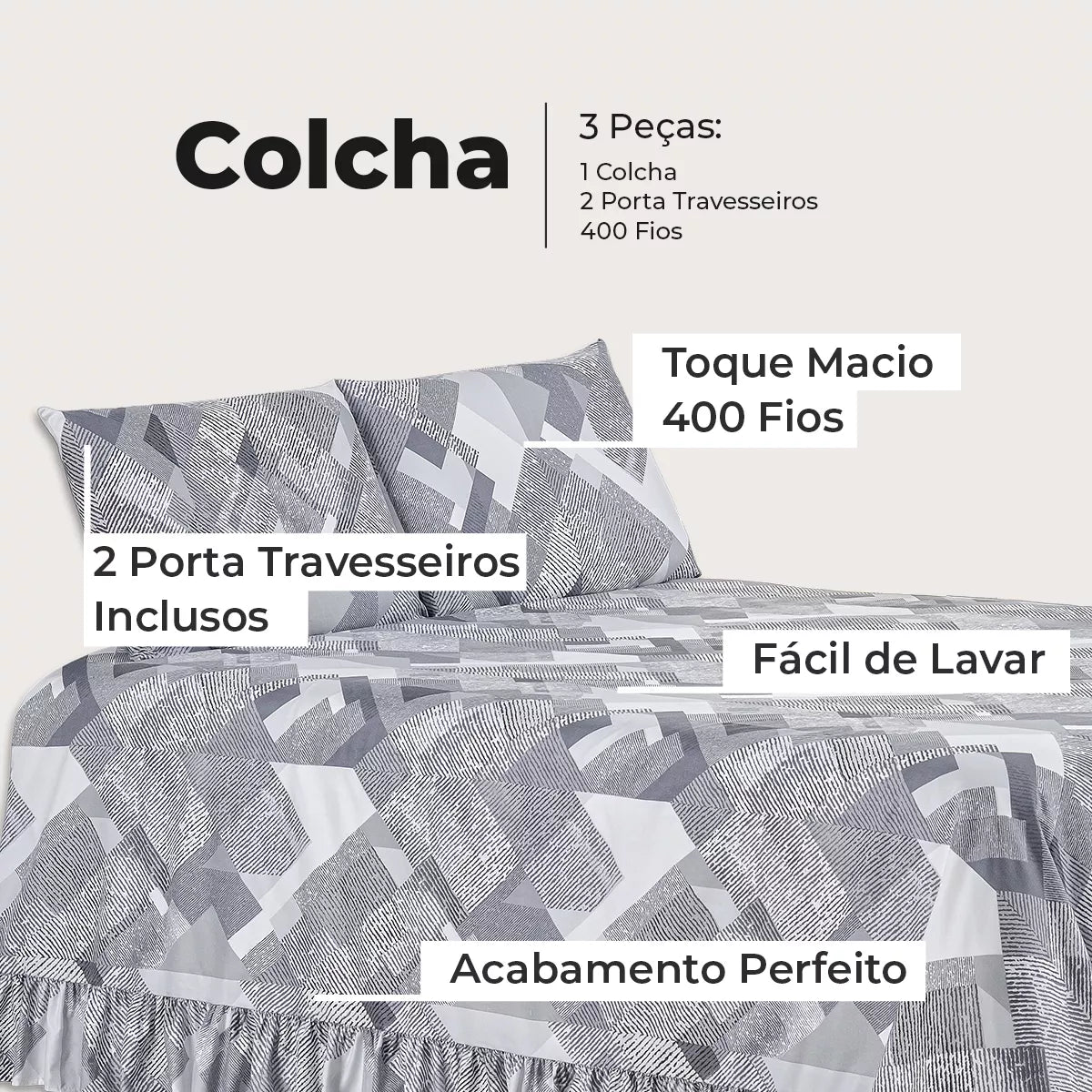 Colcha Premium 3 Peças Percal 400 Fios Toque Macio ( Ares Geométrico)