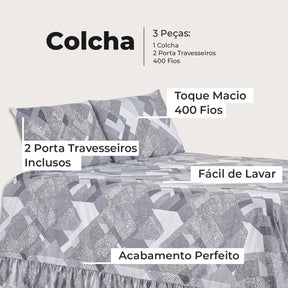 Colcha Premium 3 Peças Percal 400 Fios Toque Macio ( Ares Geométrico)