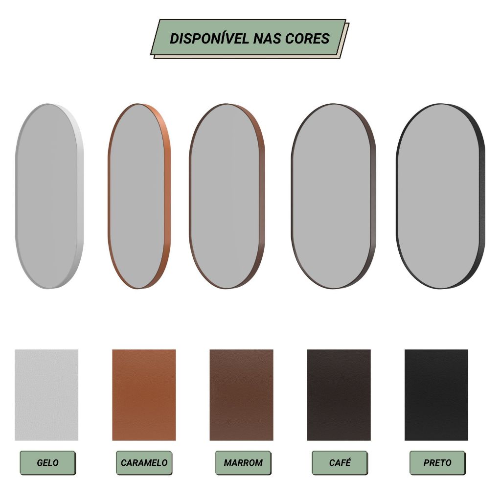 Espelho Decorativo Oval 60x40 Com Borda Em Couro + Suporte