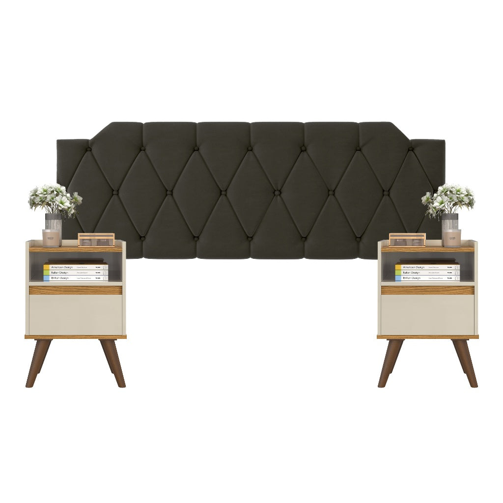 Conjunto Mesa De Cab Com Gaveta + Cabeceira Estofada Box Para Cama Queen