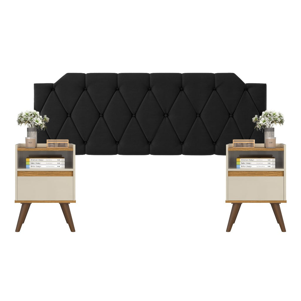 Conjunto Mesa De Cab Com Gaveta + Cabeceira Estofada Box Para Cama Queen