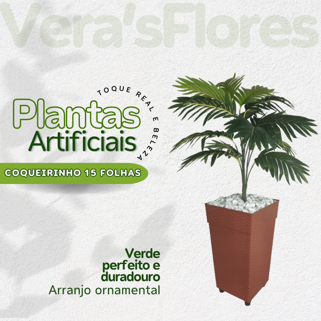 Planta Artificial Coqueiro de Decoração + Vaso Marrom e Pedrinhas A Pronta Entrega